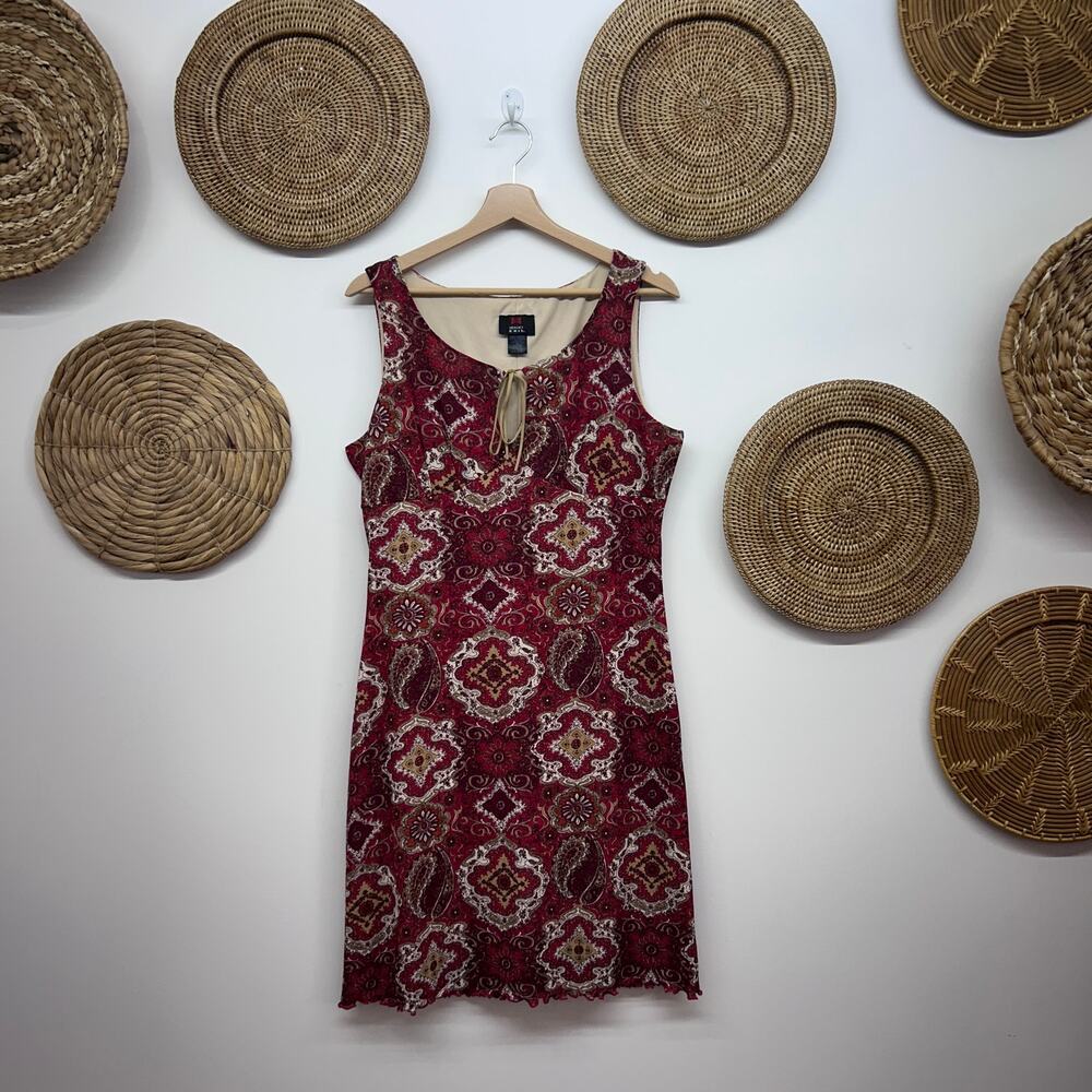 Vintage Y2K 2000s Emergency Exit Mini Dress Large Red Tie Boho Western Festival